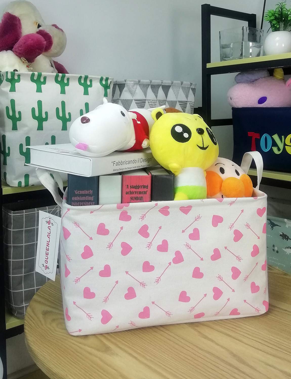 QUEENLALA Rectangular Laundry Hamper/Foldable Nursery Laundry Basket for Organizing/Storage Bin Baskets/Children Toy Office Bedroom/Toy Bin Closet Shelf Baskets（Rec-Pink-Heart Arrow）