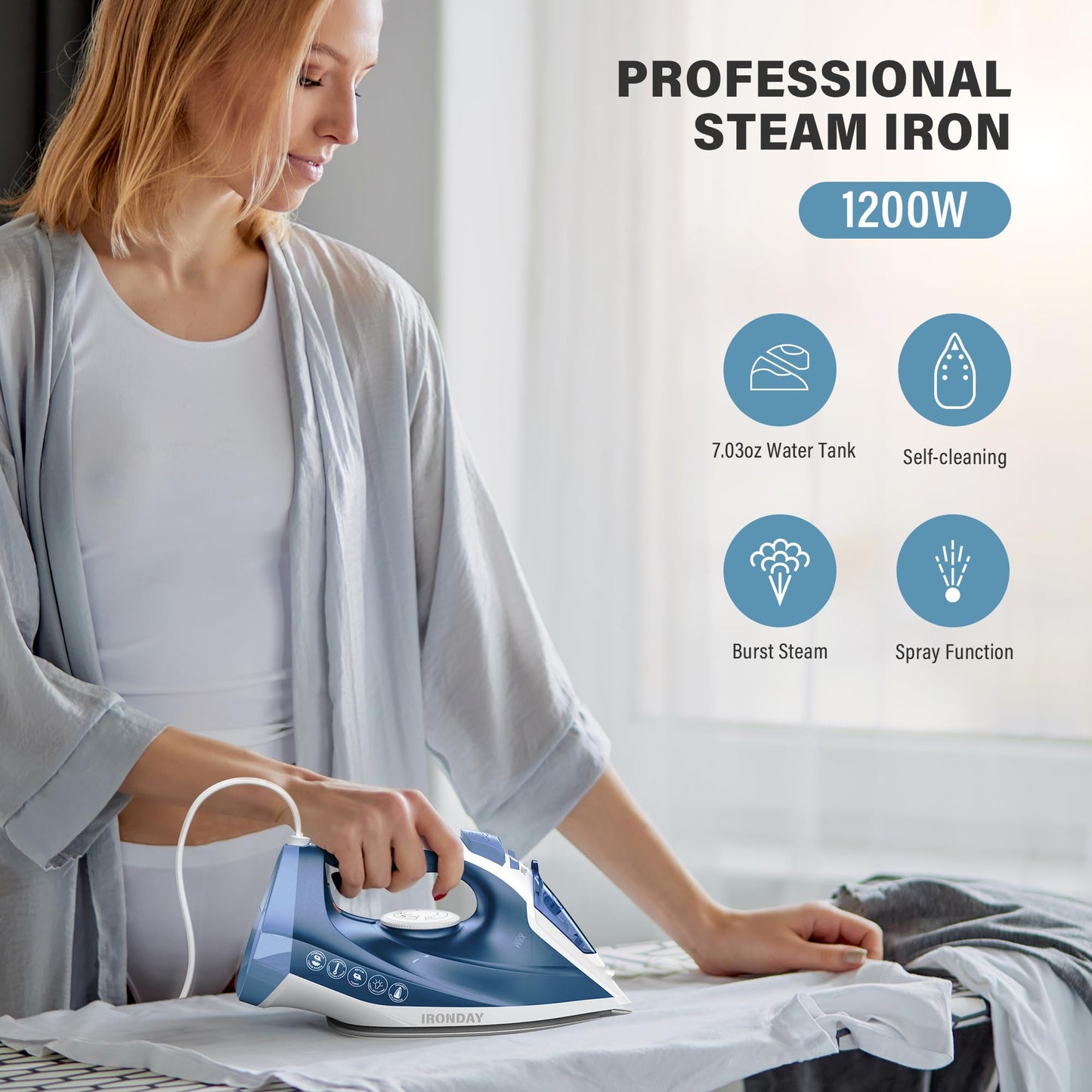 IRONDAY Steam Iron for Clothes Fast Heating, 1200W Iron with Non-Stick Ceramic Soleplate, Self-Cleaning, Burst of Steam, Spray Mist, 7.03oz Water Tank Ironing Clothes for Home, Blue