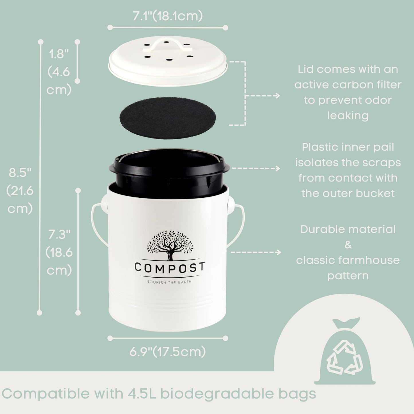 Perfnique Kitchen Compost Bin, 1.3 Gallon Countertop Compost Bin with Lid, Indoor Compost Bucket Includes Inner Bucket Liner and Carbon Filter, Small Compost Bin (Without Bags, Cream)
