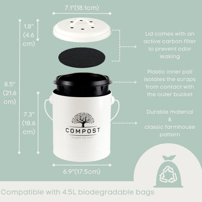 Perfnique Kitchen Compost Bin, 1.3 Gallon Countertop Compost Bin with Lid, Indoor Compost Bucket Includes Inner Bucket Liner and Carbon Filter, Small Compost Bin (Without Bags, Cream)