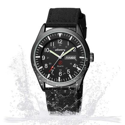 Infantry Mens Military Army Outdoor Sport Watch Field Tactical Black Wrist Watches for Men Waterproof 24 Hour Work Date Day Analog Wristwatch Nylon Band