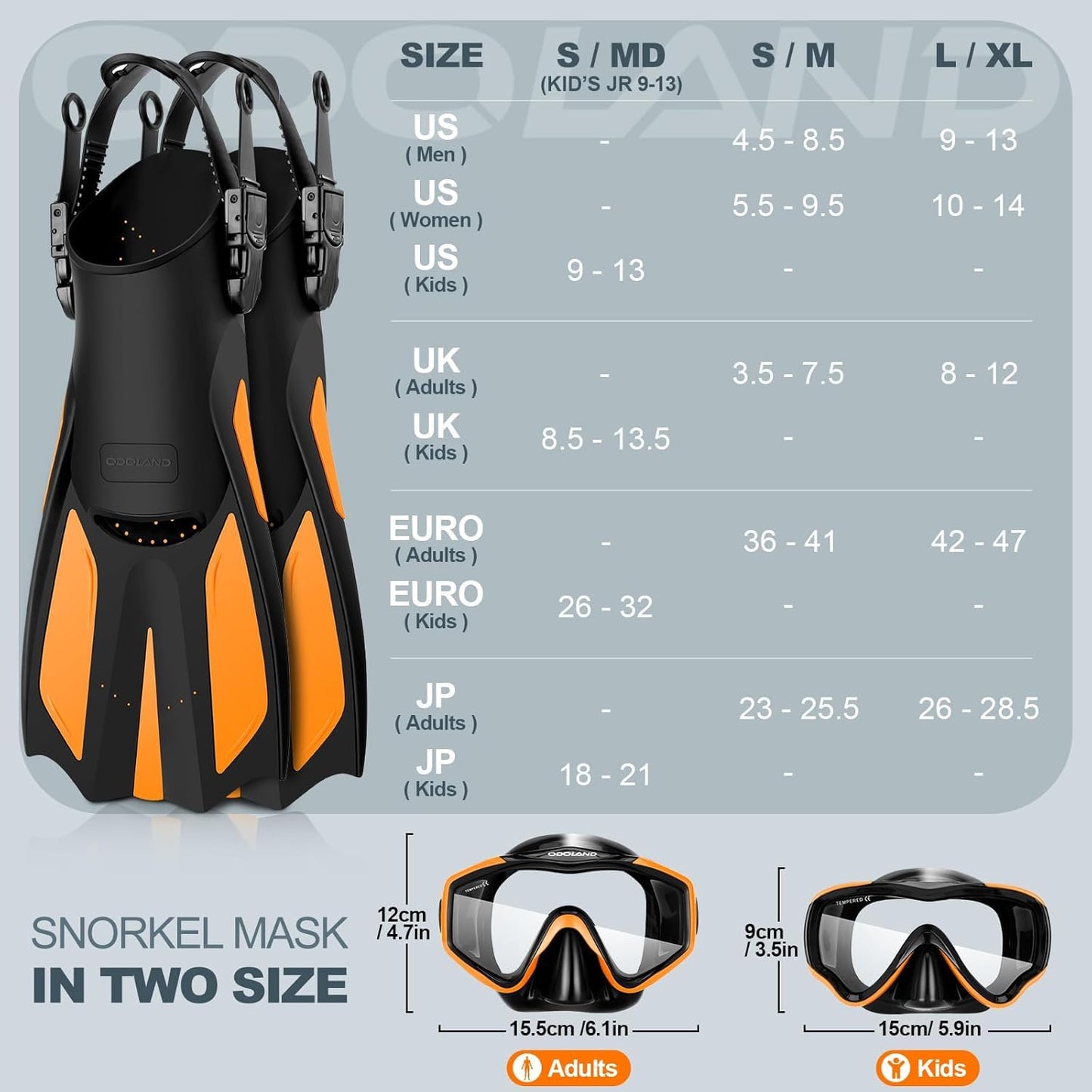 Odoland Snorkel Set, Snorkeling Packages with Dry Top Diving Mask, Adjustable Swim Fins, Mesh Bag, Anti-Fog Anti-Leak Snorkeling Gear for Men Women Adult, Oragne L/XL