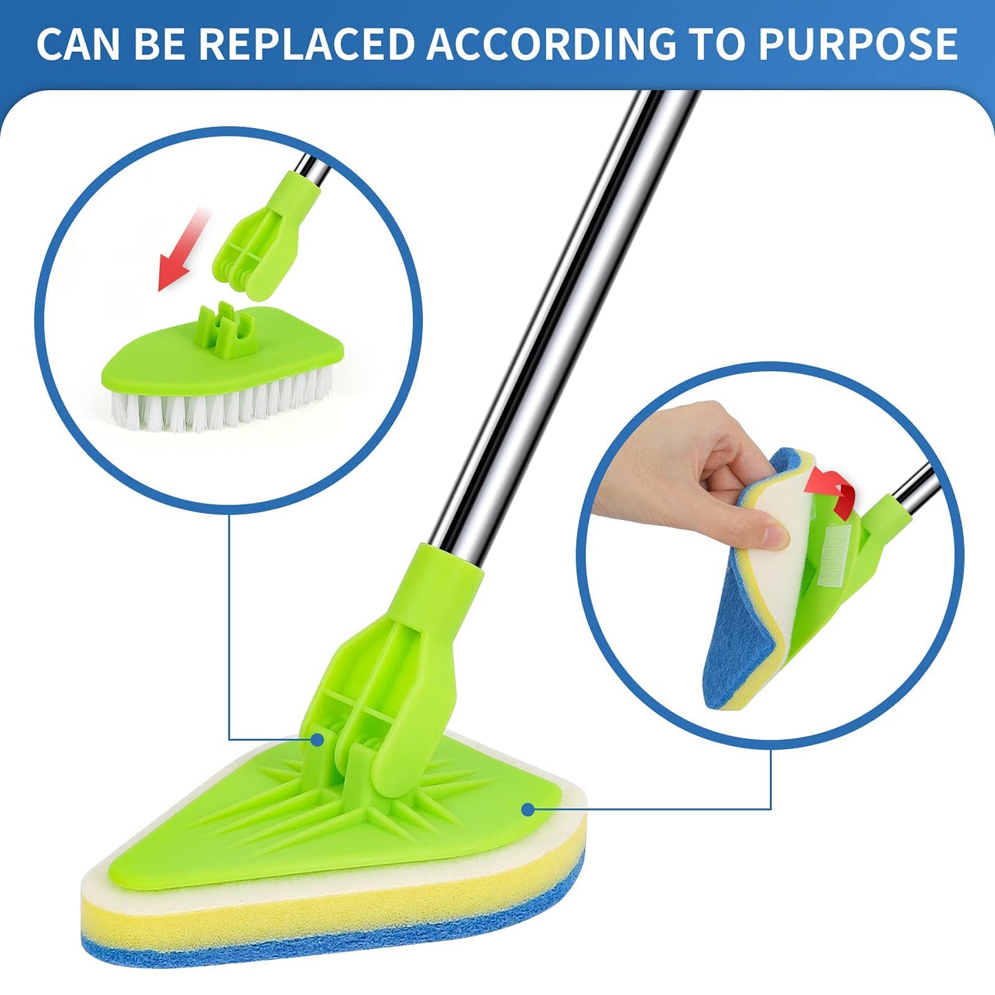 JDNOZW 2 in 1 Scrub Cleaning Brush with 37” Long Extendable Handle,1 Stiff Bristle and 3 Sponge Brushes, Lightweigh Detachable Shower Scrubber for Cleaning Bathroom Shower Bathtub Glass Tile Floor