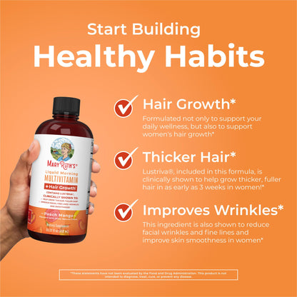 MaryRuth's Liquid Multivitamin + Hair Growth | Biotin 10000mcg | Lustriva Hair Growth Supplement | Clinically Tested in Women for Thicker Hair & Facial Wrinkles | Skin Care | Ages 18+ | 15.22 Fl Oz