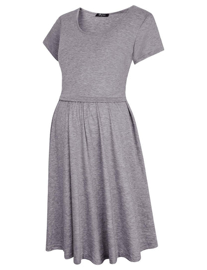 Quinee Nursing Outfit,Ladies Short Sleeve Round Neck Summer Casual Cotton Breastfeeding Friendly Dress for Baby Shower Comfy Easy Fit Pleats 2XL Large Oversize Maternity Tunic Grey XXL
