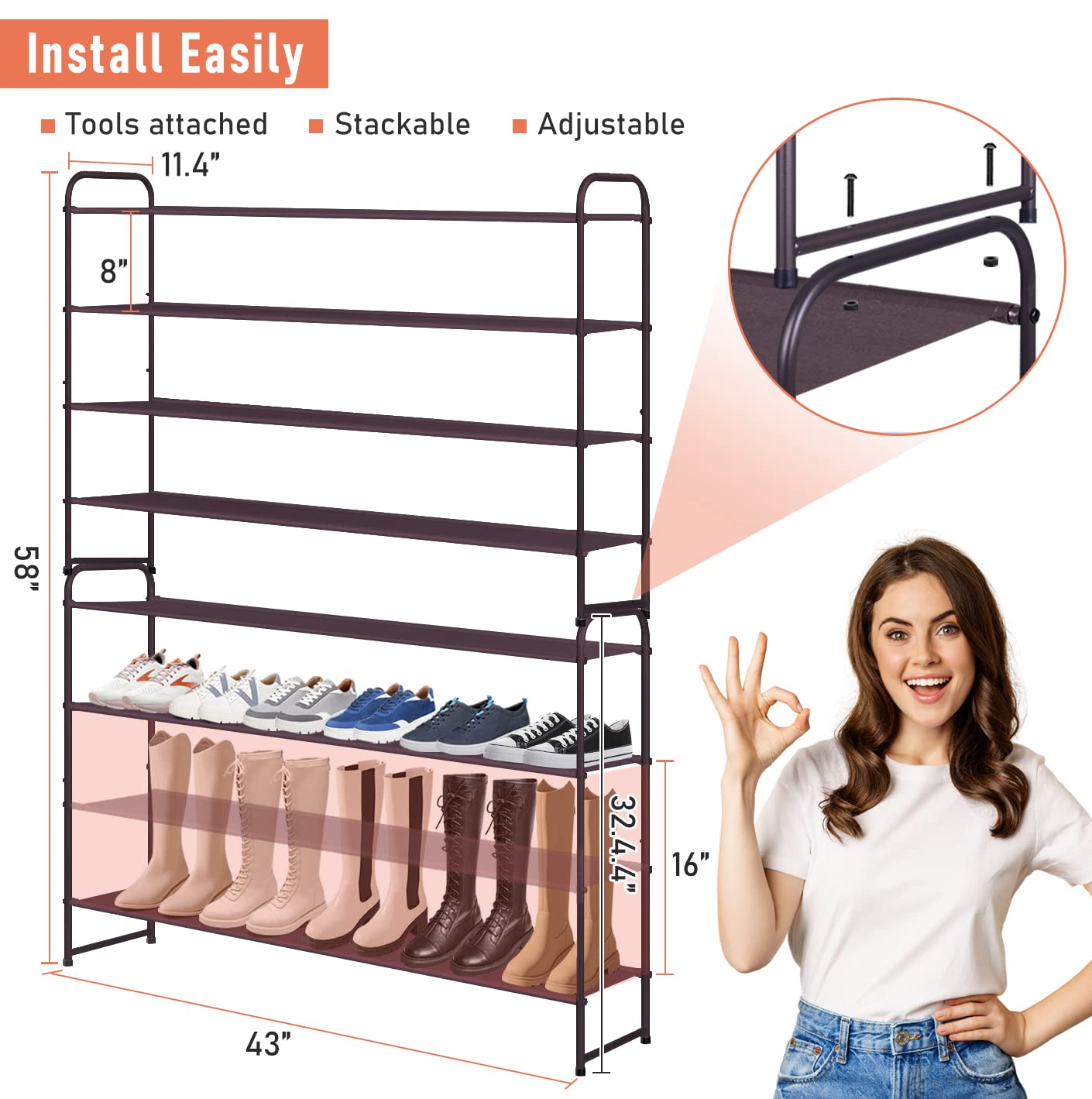 MISSLO 4 Tier Long Shoe Organizer for Closet Shoe Rack for Bedroom Closet Floor Shoe Shelf for Entryway Storage Stackable Wide Shoe Shelf Stores 30 Pairs of Men Sneakers, Brown