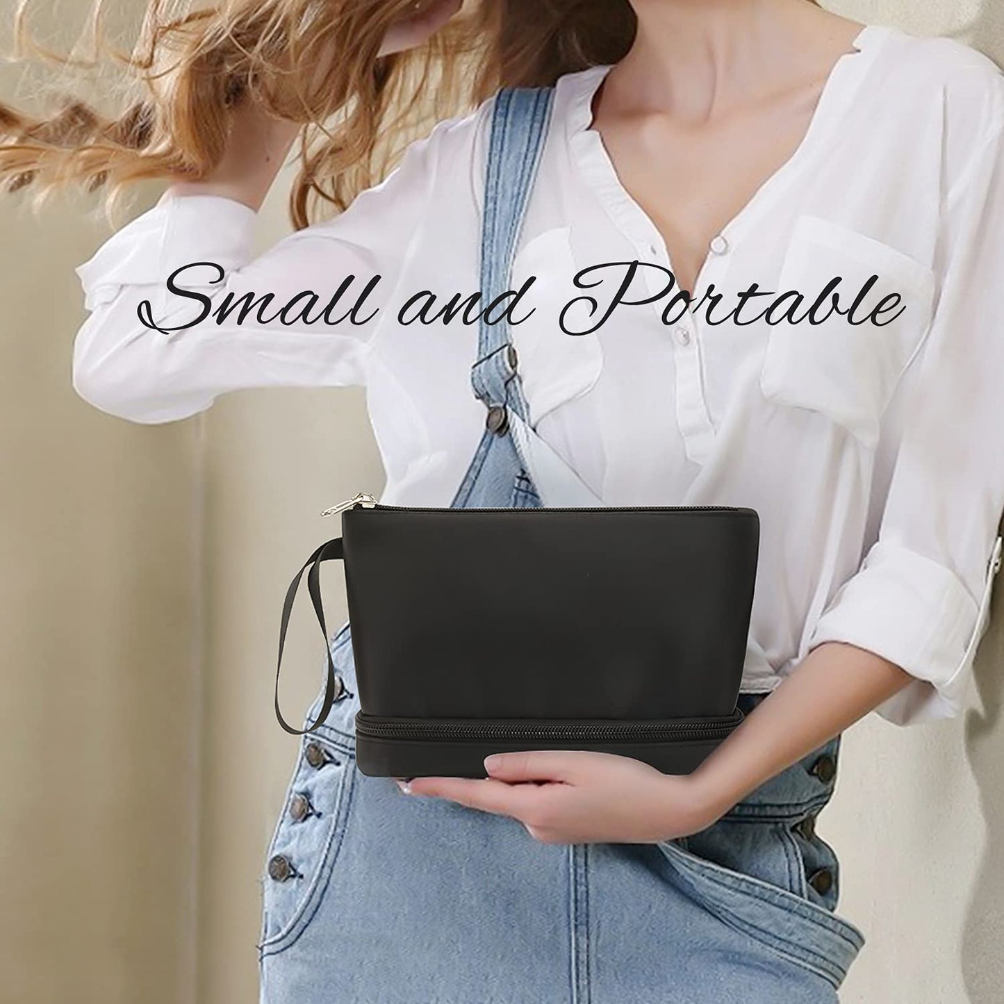 Ethereal Small Makeup Bag, 2 Layers Travel Makeup Bag with Makeup Brush Holder, Cosmetic Bag Black Make up Pouch for Women/Girls