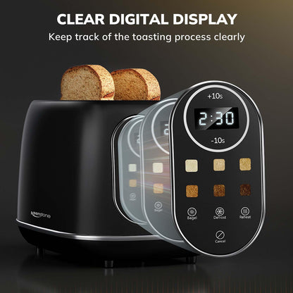 Keenstone Smart Touch Screen Toaster 2 Slice, Retro Wide Slot Stainless Steel Toaster with 6 Browning Levels, Reheat & Defrost, for Bagel, Toast, Bread, Removable Crumb Tray, Black