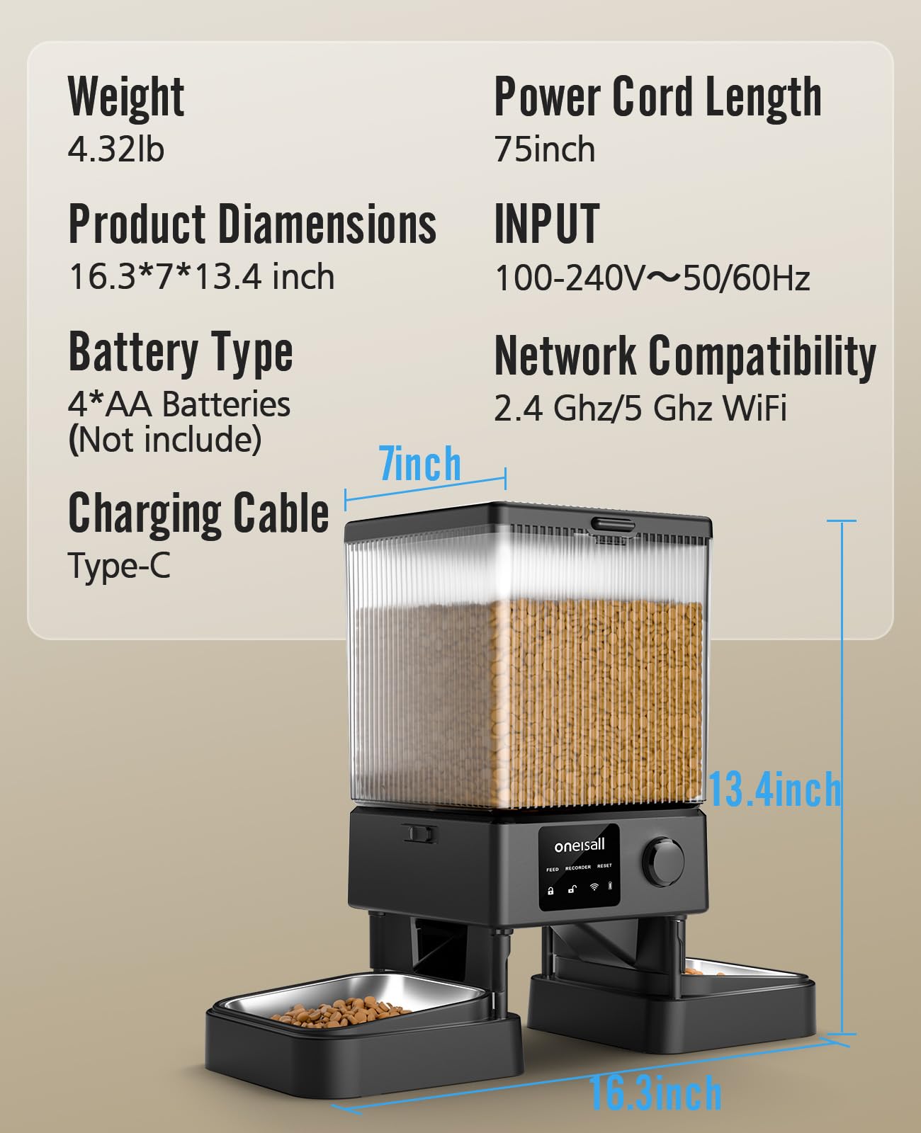 oneisall Automatic Cat Feeder with 5G WiFi, Automatic Cat Food Dispenser for 2 Cats Small Pets, 20 Cups/5L Timed Dry Food Dispenser with APP Control