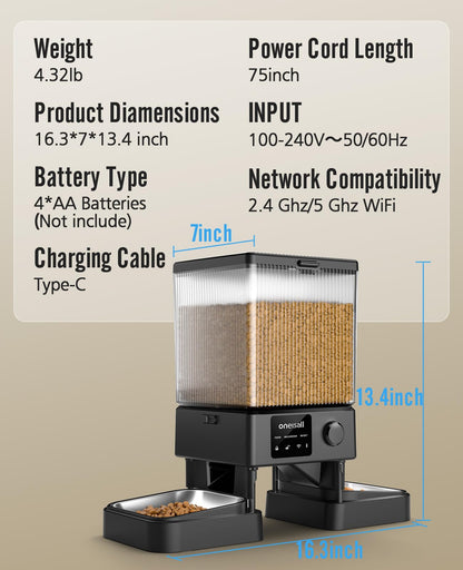 oneisall Automatic Cat Feeder with 5G WiFi, Automatic Cat Food Dispenser for 2 Cats Small Pets, 20 Cups/5L Timed Dry Food Dispenser with APP Control
