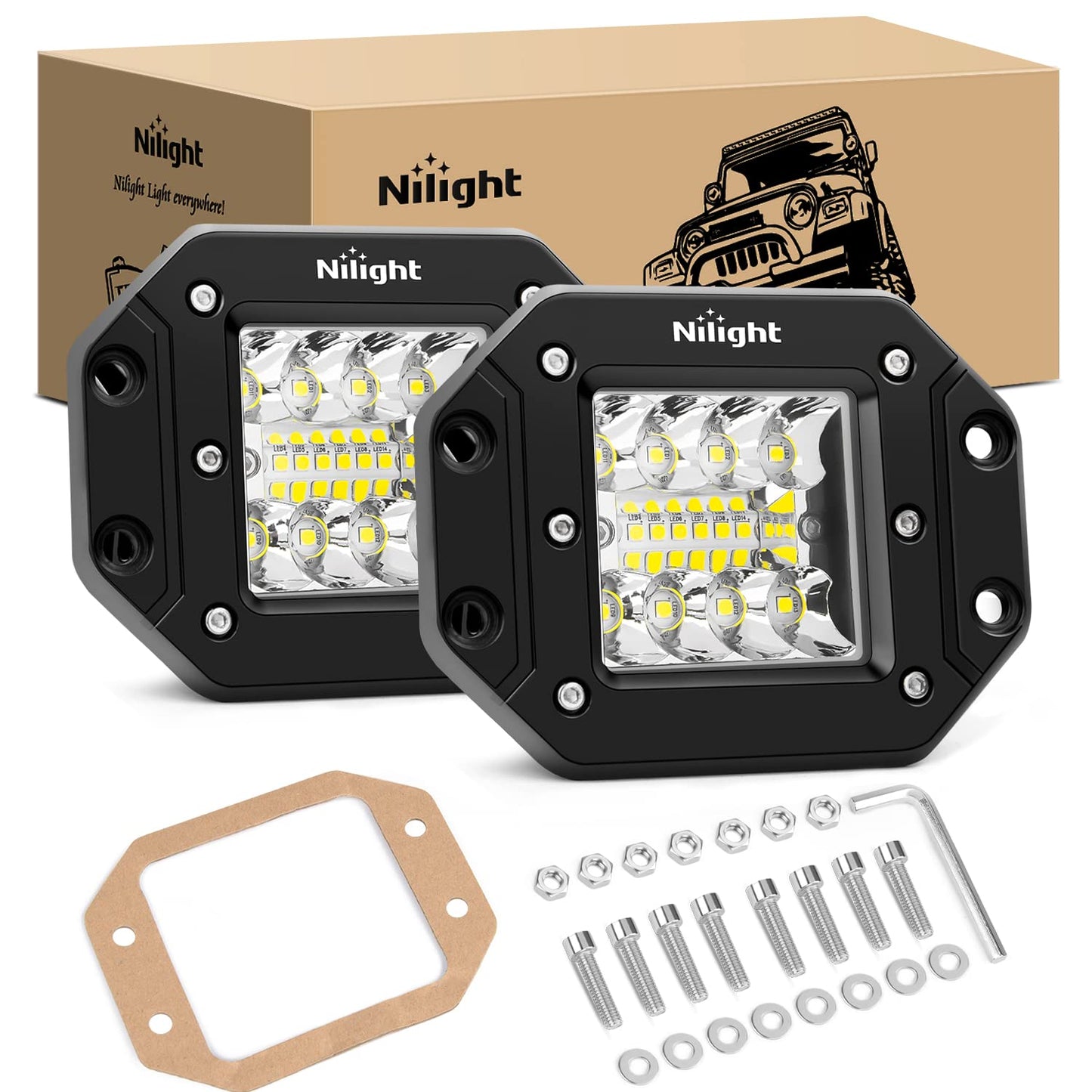 Nilight 2PCS 42W Flush Mount LED Light Pods Spot Flood Combo Backup Reverse Driving Headlamp Mount on Bumper Grille for 4x4 Offroad Truck SUV