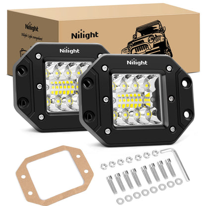 Nilight 2PCS 42W Flush Mount LED Light Pods Spot Flood Combo Backup Reverse Driving Headlamp Mount on Bumper Grille for 4x4 Offroad Truck SUV