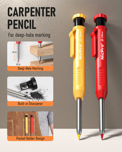 Nicpro 18 Pack Carpenter Pencil Set with Sharpener, Mechanical Carpenter Pencils with 76 Refills and Carbide Scribe Tool, Deep Hole Marker, Heavy Duty Construction Pencil for Architect-With Case