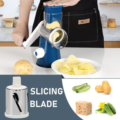 KEOUKE Rotary Cheese Grater with Handle - 3 Changeable Blades for Cheese, Vegetables, Nuts - Blue