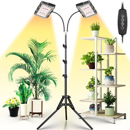 LBW Grow Light for Indoor Plants, Dual Heads Full Spectrum LED, Auto On/Off Timer, 6 Dimmable Levels, 3 Switch Modes, Adjustable Tripod Stand 15-63 inches