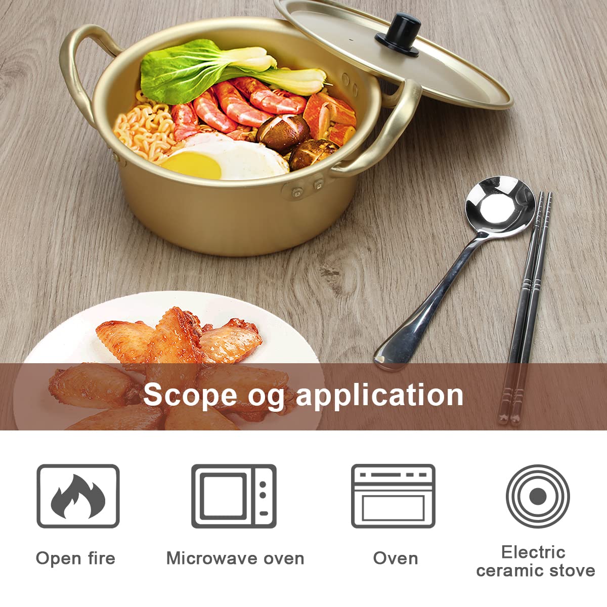 Korean Ramen Cooking Pot, AHIER Korean Ramen Noodle Pot With Lid, Spoon and Chopsticks (1pair), Fast Heating for Kitchen Cookware (Double handle) (6.3in)