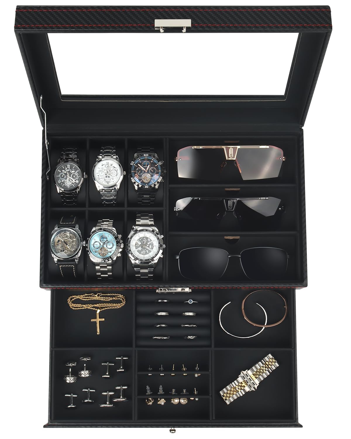 Kukikan Watch Jewelry Box Organizer, 6-Slot 2-Layer Watch Case and Sunglasses Storage with Large Glass Lid, Men's Jewelry Box with Lock, Watch Holder Display Case, Gift for Men Women