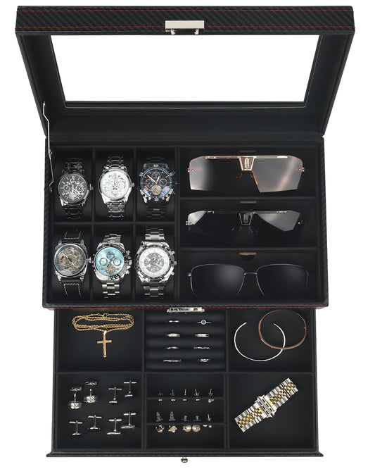 Kukikan Watch Jewelry Box Organizer, 6-Slot 2-Layer Watch Case and Sunglasses Storage with Large Glass Lid, Men's Jewelry Box with Lock, Watch Holder Display Case, Gift for Men Women