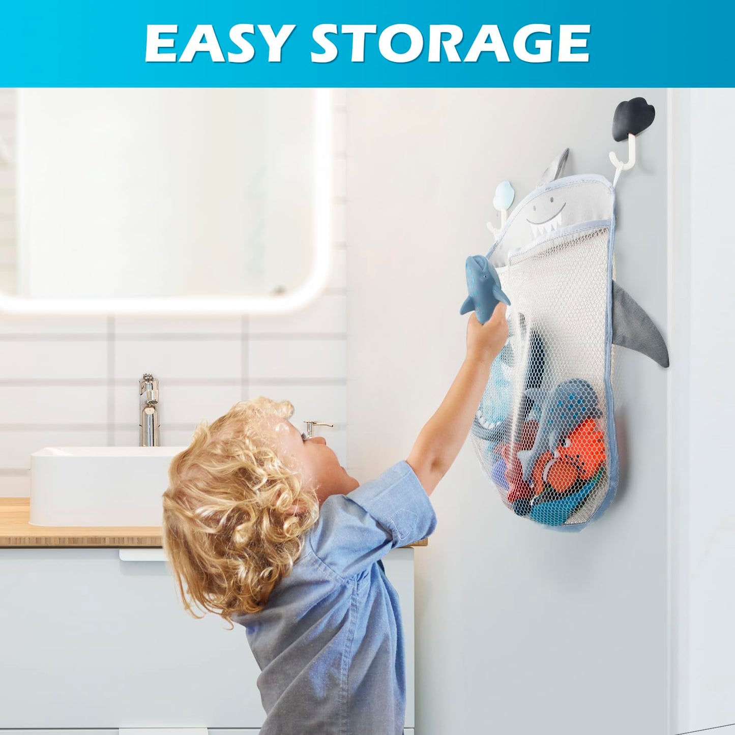 No Hole Mold Free Bath Toys for Toddlers 1-3, Water Toys for 6-12 Months Infants with Storage Bag, Baby Shark Toys for Pool, Bathtub, Beach, Shower, Tub, Kids Boys Girls Gifts