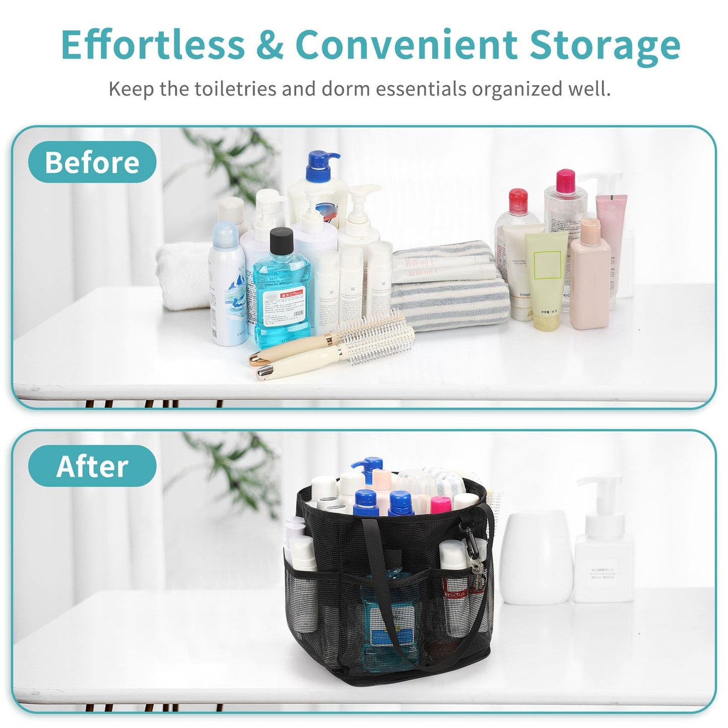 Mesh Shower Caddy Portable for College Dorm Room Essentials, Shower Tote Bag with Hanging Hook and Drawstring, Quick Dry Toiletry Bag with 6 Pockets for Bathroom, Swimming, Gym, Camping, Beach, Travel