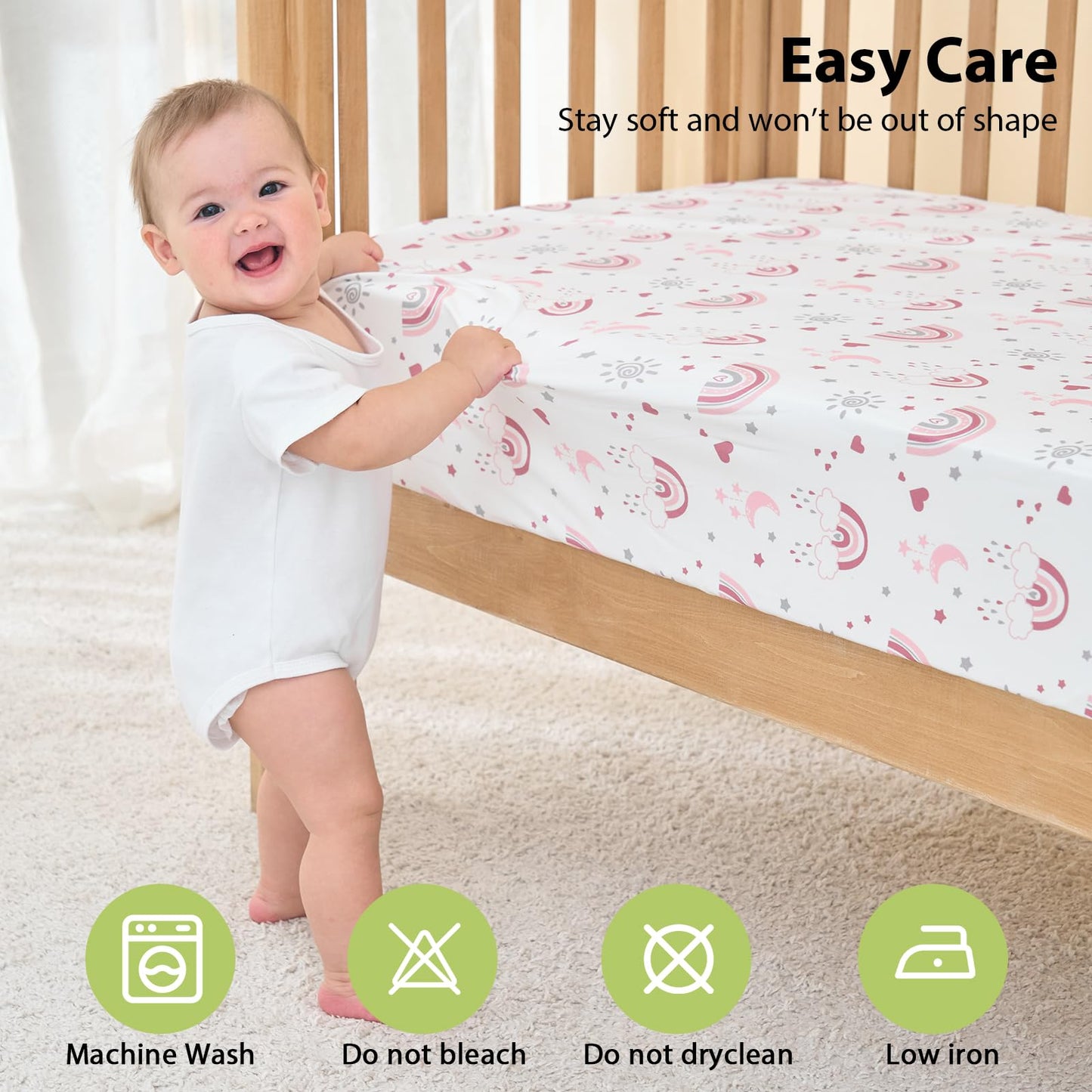 FIEMOL Baby Crib Sheets Girl, 3 Pack Toddler Bed Sheets Fitted for 52”x28” Standard Crib and Toddler Mattresses, Super Soft Microfiber Pink Rainbow