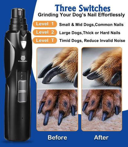 Petsaunter Dog Nail Grinder, 3 Grinding Heads, 2-Speed, LED Light, Touch-Switch, Quiet, Low-Vibration, Dog Nail Trimmers for Large, Medium, Small Dogs & Cats with Hard/Thick Nails (U-Dark Blue)