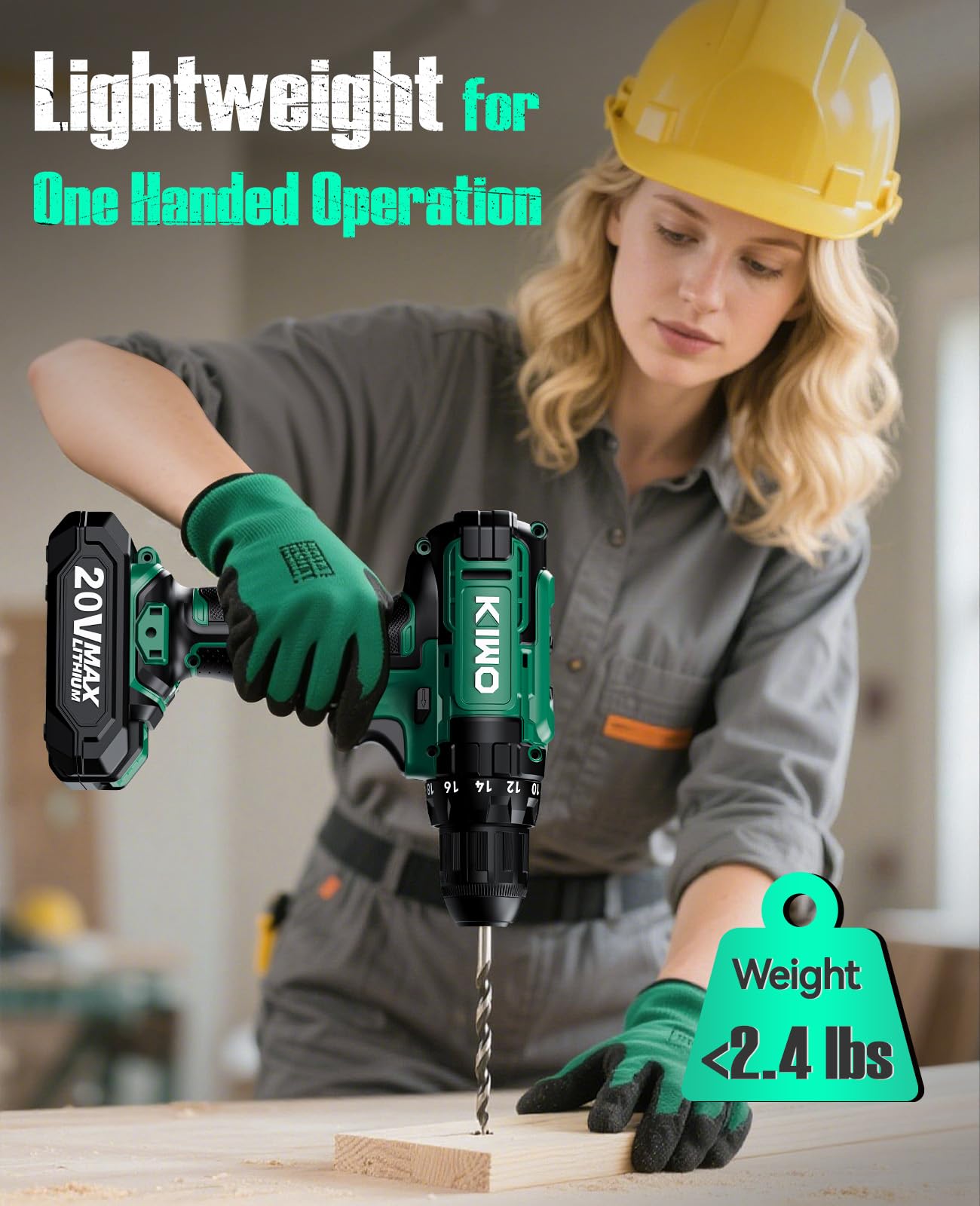 KIMO 20V Cordless Drill Set with 2 Packs 2.0Ah Battery, Max 350 In-lb Torque, 1350 RPM, 3/8" Keyless Chuck, 18+2 Clutch Setting, 18pcs Accessories, Power Drill for Drilling Wood Bricks Walls Metal