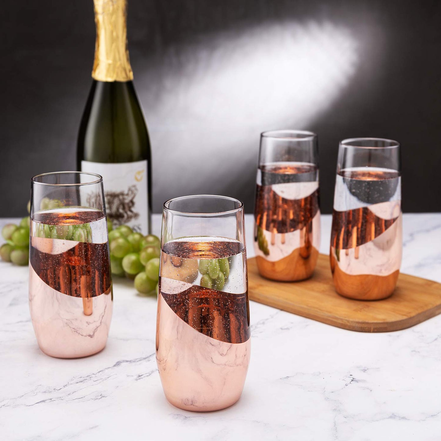 MyGift Modern Champagne Flutes, 11 oz Tilted Design Copper Stemless Champagne Flute Glasses, Set of 4
