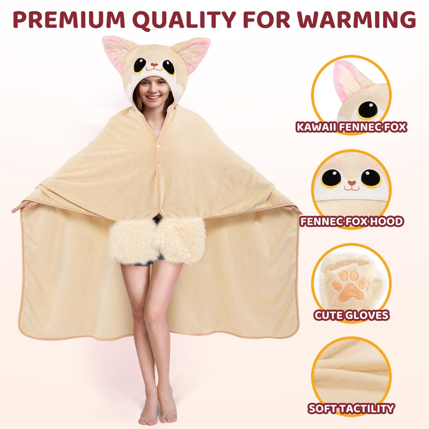Mewaii Wearable Oversized Blanket Hoodie for Adults, Fennec Fox Blanket Hooded Cloak, Warm and Cozy Flannel Cute Blanket Hoodie, Funny Blanket Christmas Gifts for Women And Males