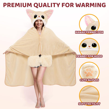 Mewaii Wearable Oversized Blanket Hoodie for Adults, Fennec Fox Blanket Hooded Cloak, Warm and Cozy Flannel Cute Blanket Hoodie, Funny Blanket Christmas Gifts for Women And Males