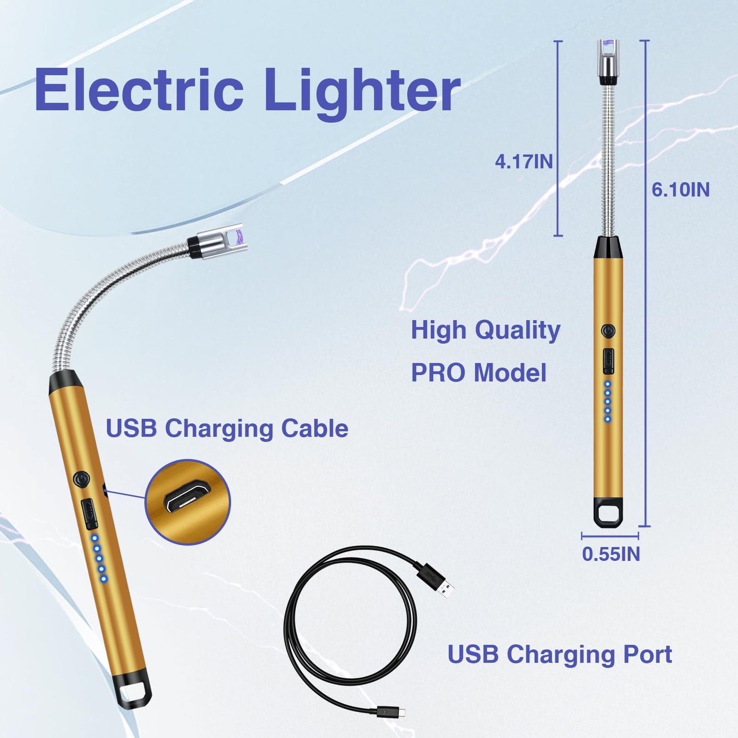 2 PCS Candle Lighter, Lighters for Candle Arc Windproof Flameless with 360° Flexible Neck & LED Power Display, Electric Lighter for BBQ, Grill, Camping, Fireplace, Stove(Gold)