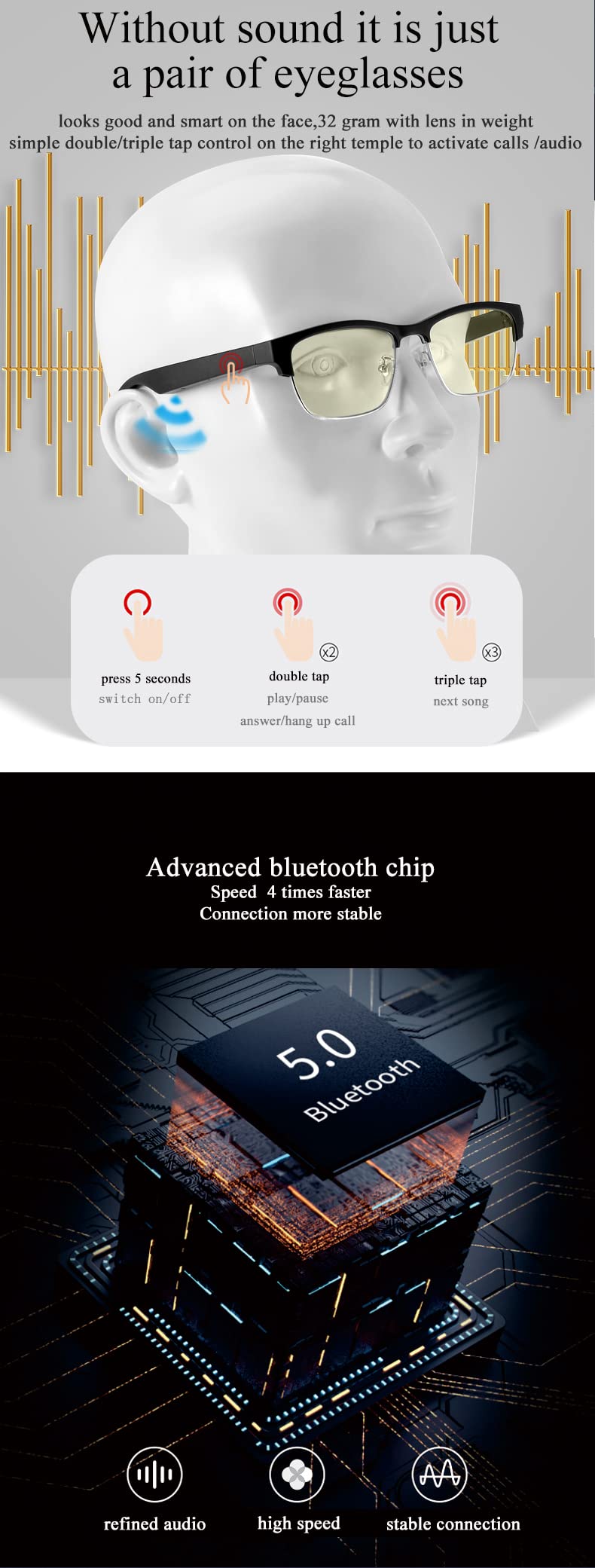 OOAVR Smart Audio Glasses, Wireless Bluetooth, Men's/Women's, Silver, 5-Hour Battery, Waterproof, UV Protection, Music Player Compatible