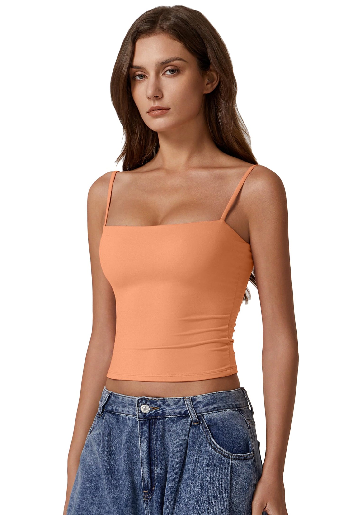 QINSEN Women Basic Spaghetti Straps Cami Shirt Summer Y2K Going Out Double Lined Sexy Tank Top Amber Yellow XS