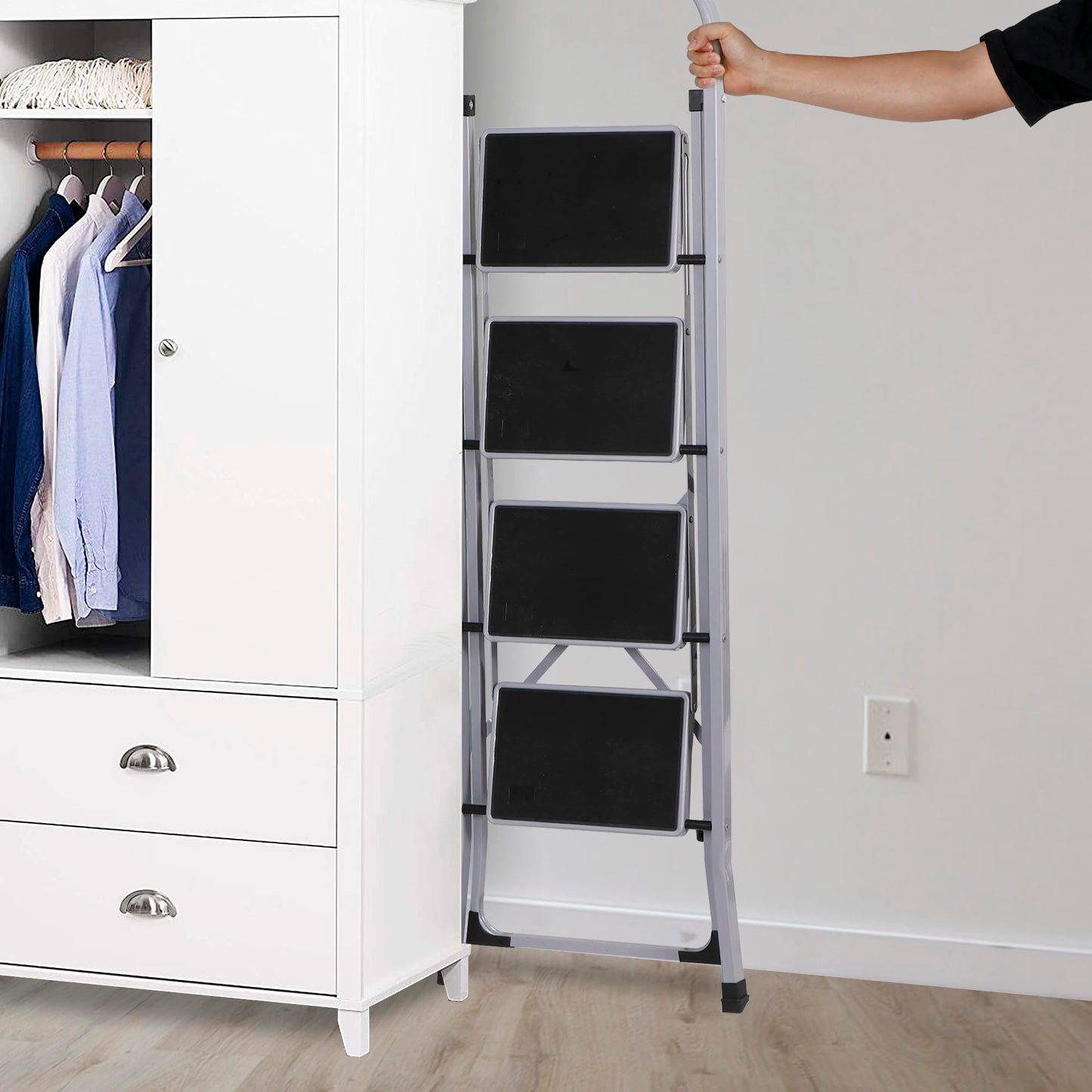 JungleA Step Ladder, Folding 4 Step Stool Ladder for Adult, w/Wide Anti-Slip Pedal, 330 lbs Load Capacity, Foldable Portable Sturdy Lightweight Tall Ladder for Closet, Kitchen, Office & Home, Grey