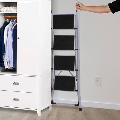 JungleA Step Ladder, Folding 4 Step Stool Ladder for Adult, w/Wide Anti-Slip Pedal, 330 lbs Load Capacity, Foldable Portable Sturdy Lightweight Tall Ladder for Closet, Kitchen, Office & Home, Grey