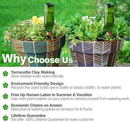 Plant Watering Devices 6 Pack Terracotta Vacation Plant Waterer Wine Bottle Watering Stakes Slow Release Plant Watering Spikes Self Watering Devices for Indoor Outdoor Plants