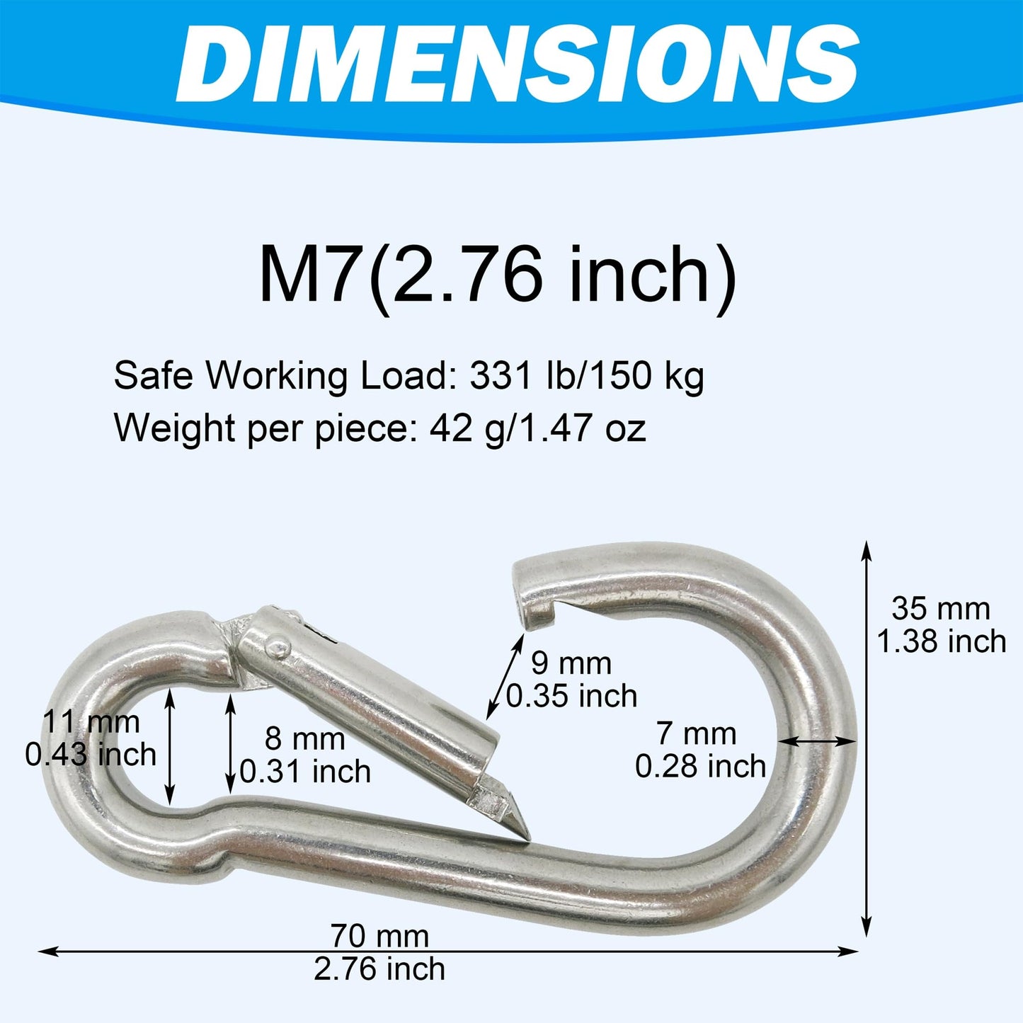 Outmate Marine Grade 316 Stainless Steel Carabiners -2.76 inch Heavy Duty, Durable & Rust-Free Clips for Gym, Swing, Dog Leashes, Hammocks, Keychains, and More(316 M7,Pack of 6)