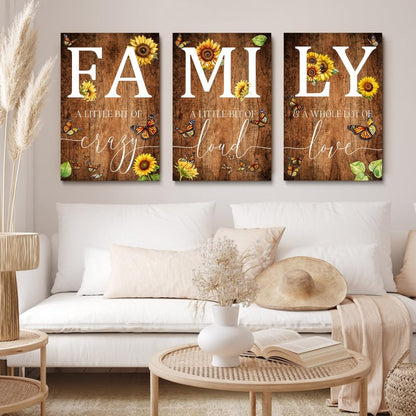 GUBIYU Farmhouse Family Wall Art Set of 3, Rustic Wall Decor for Living Room & Dining Room, Retro Brown Wood Wall Art - Butterfly & Sunflower Decor, 12"x16"
