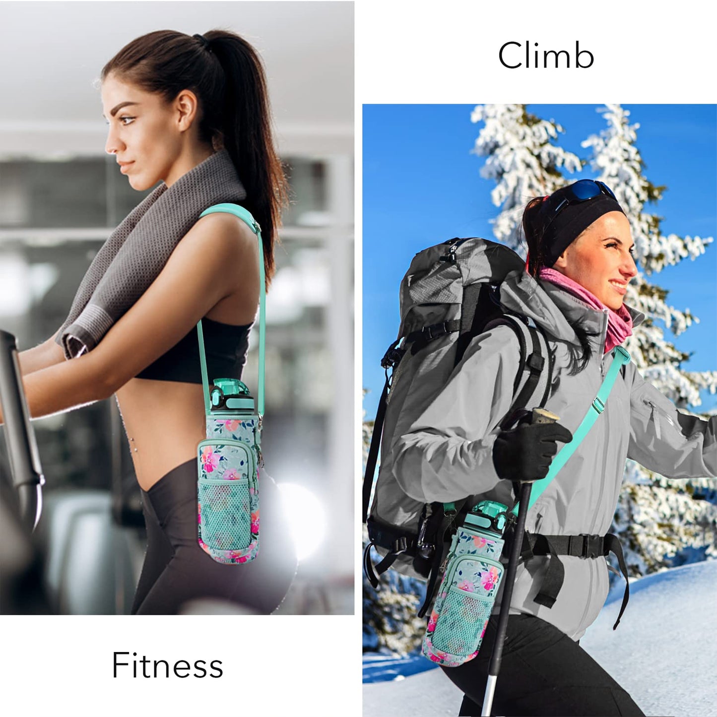 Newfad 32 oz Water Bottles with Straw & Strap, Motivational with Times to Drink, BPA Free Reusable Sports Water Bottle with Sleeve for Hiking, Travel, Running or Fitness (Spring Bouquet)