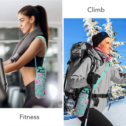 Newfad 32 oz Water Bottles with Straw & Strap, Motivational with Times to Drink, BPA Free Reusable Sports Water Bottle with Sleeve for Hiking, Travel, Running or Fitness (Spring Bouquet)