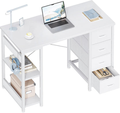 ODK 40 Inch Small White Computer Desk with 4 Fabric Drawers, Modern Office Desk for Home Office Gaming with Storage Shelves Study, White