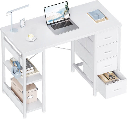ODK 40 Inch Small White Computer Desk with 4 Fabric Drawers, Modern Office Desk for Home Office Gaming with Storage Shelves Study, White