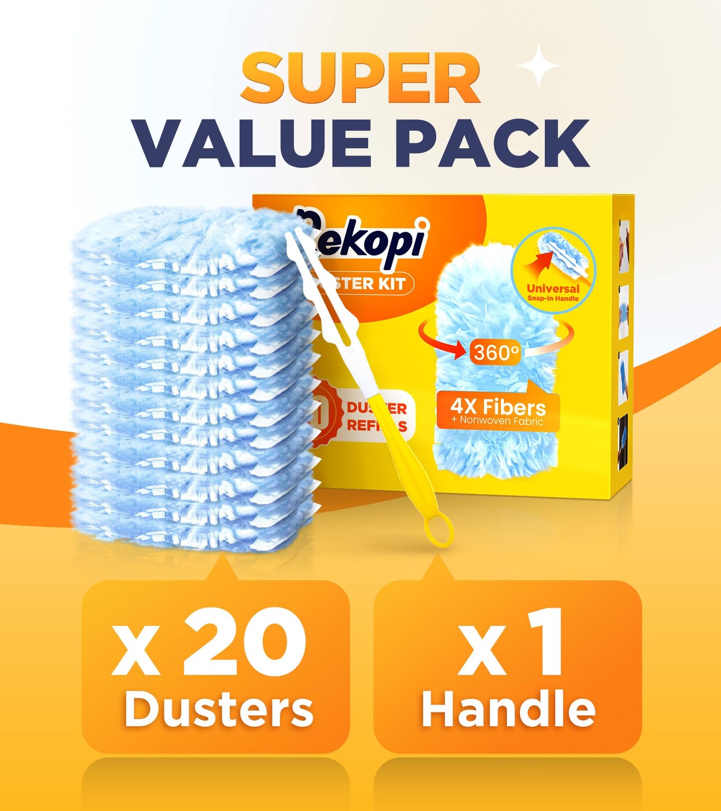 Heavy Duty Duster Refills for Swiffer Duster, 20 Count Duster Refills with 1 Handle, Multisurface 360° Dusters with 4X Microfibers, Unscented Disposable Dusters for Cleaning (Blue)