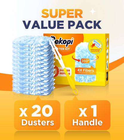 Heavy Duty Duster Refills for Swiffer Duster, 20 Count Duster Refills with 1 Handle, Multisurface 360° Dusters with 4X Microfibers, Unscented Disposable Dusters for Cleaning (Blue)