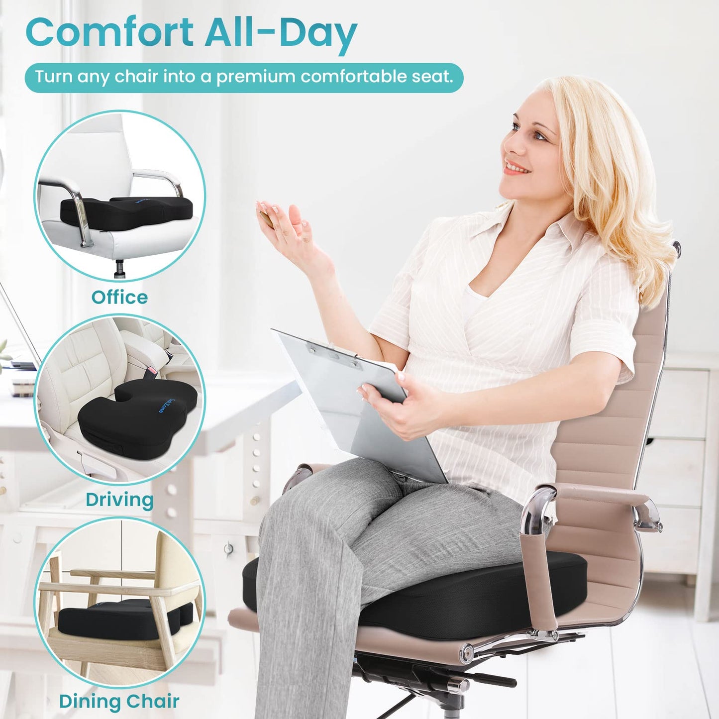 Office Chair Seat Cushion, Cooling Gel Enhanced Memory Foam Cushion for Long Sitting - Back, Sciatica, Coccyx, Tailbone Pain Relief Pillow - for Office, Gaming, Car, Wheelchair - Black, Large