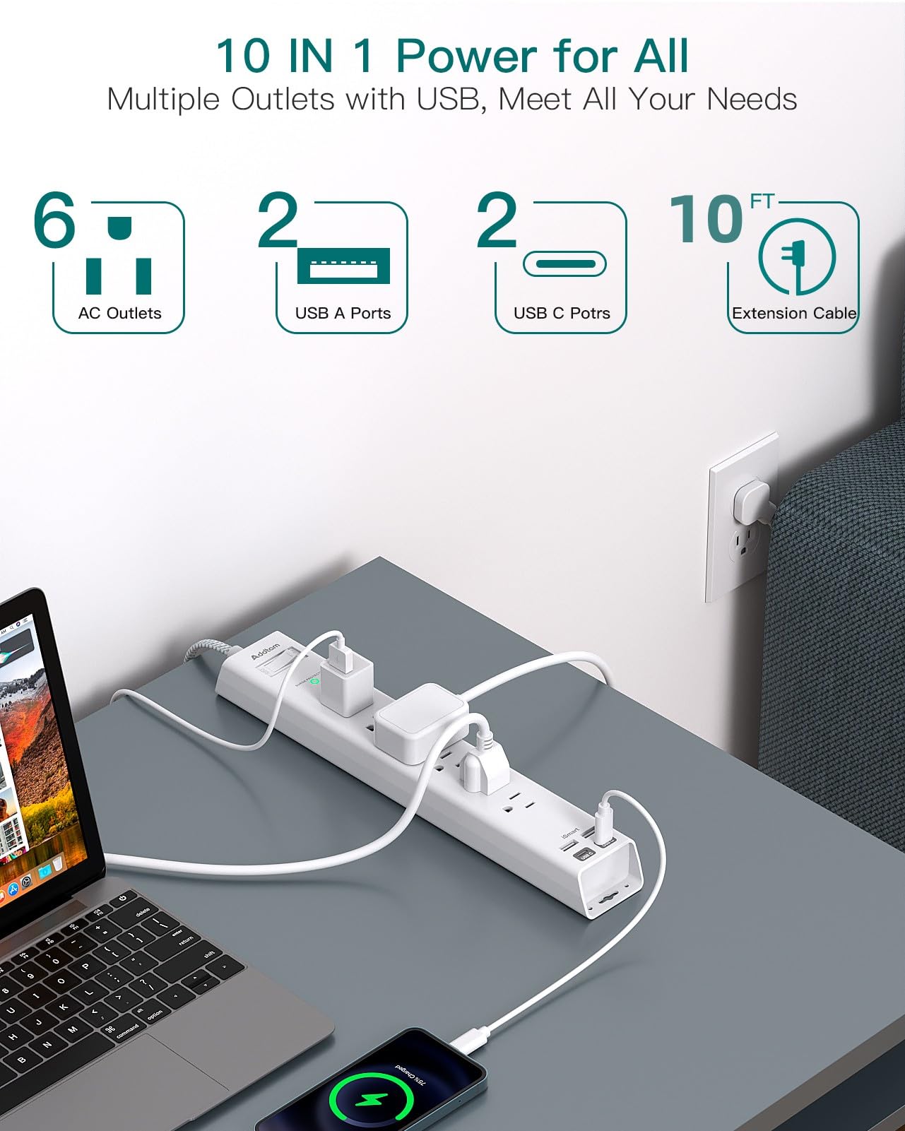 Extension Cord 10 ft - Long Power Strip Surge Protector, 6 AC Outlet 4 USB (2 USB C), Flat Plug, Wall Mount, Multi Plug Outlet Extender Desk Charging Station for Home Office Dorm Room Essentials