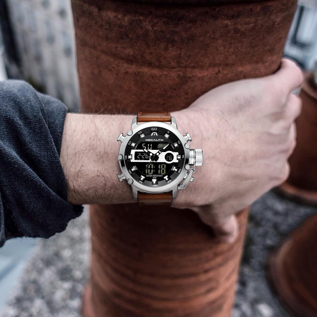 MEGALITH Mens Watches with Leather Waterproof Digital Military Sport Tactical Multifunction Heavy Duty Led Silver Watch for Men, Alarm Stopwatch