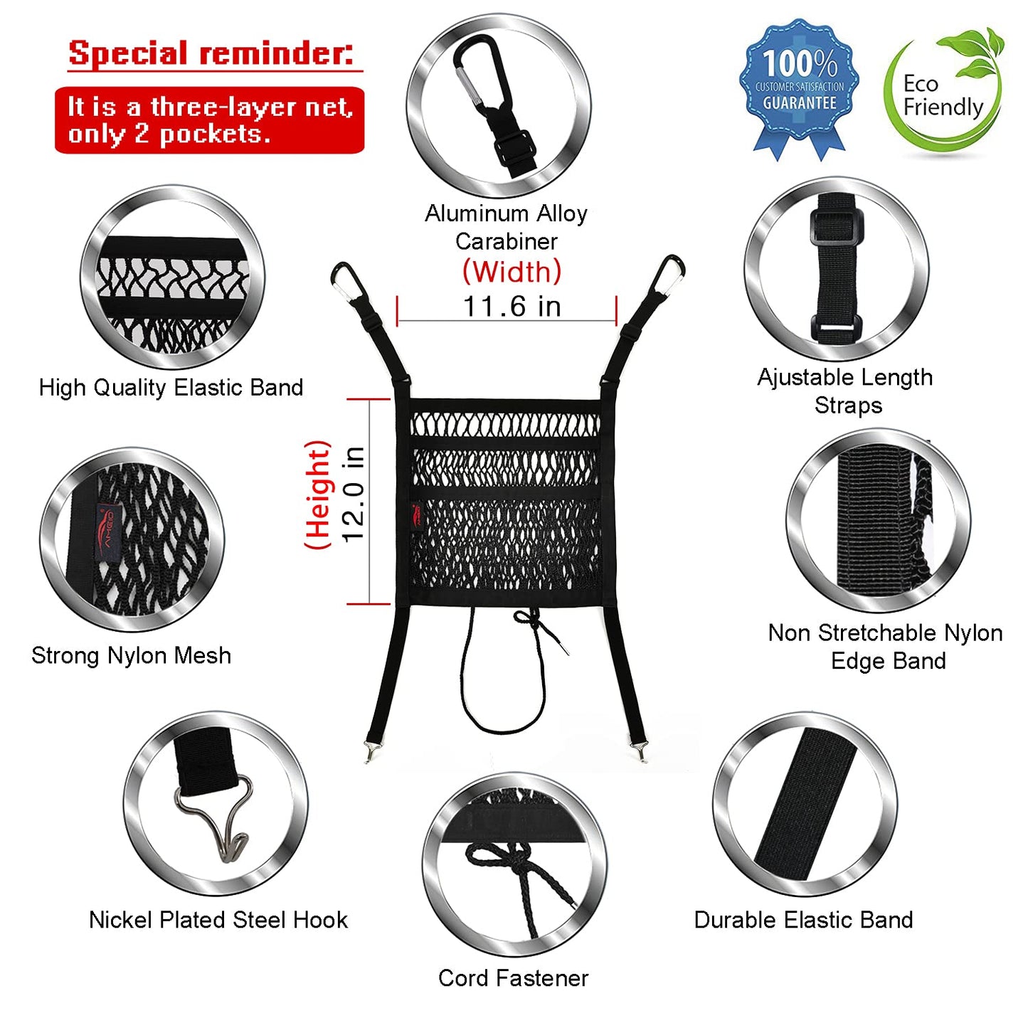 AMEIQ Car Accessories, Organizer Storage Between Front Seats, Purse Handbag Holder of 3 Layers Mesh Net Pocket Bag, Backseat Dog Pet Barrier, Patented