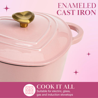 Paris Hilton Enameled Cast Iron Dutch Oven Heart-Shaped Pot with Lid, Dual Handles, Works on All Stovetops, Oven Safe to 500°F, 4-Quart, Pink