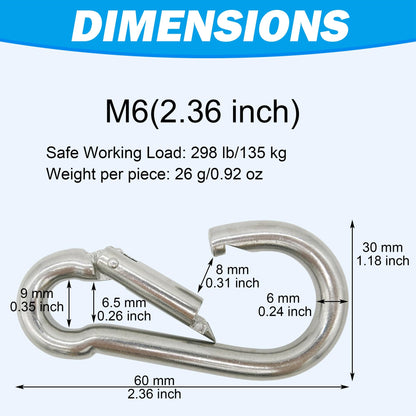 Outmate 304 Stainless Steel Carabiners -2.36 inch Heavy Duty, Durable & Rust-Free Clips for Gym, Swing, Dog Leashes, Hammocks, Keychains, and More(304,M6,Pack of 6)